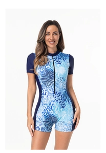 Close-up of women's short sleeve swimsuit with blue leopard print and front zipper detail