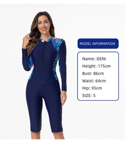Detail of long sleeve floral surf suit with front zipper and quick-dry elastic fabric