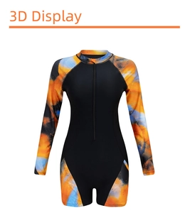 Detail of long sleeve swimsuit featuring watercolor print sleeves and front zipper closure