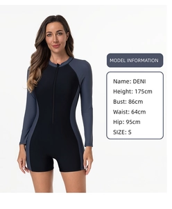 Detail-Größentabelle für den schwarzen langärmligen Reißverschluss-Surf-Badeanzug