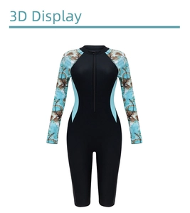 Detail of long sleeve printed swimsuit with front zipper and blue side panels