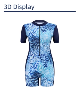 Detail of short sleeve one-piece swimsuit featuring blue animal print and front zipper closure