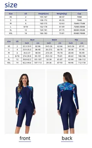 Detailed size chart for women's long sleeve surf swimsuit including XS to XXL measurements