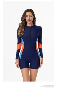Detail of long sleeve one-piece swimsuit featuring contrast paneling and front zipper