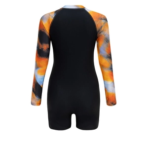 Rear view of long sleeve surf swimsuit with abstract orange and blue pattern sleeves