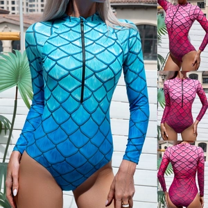 Costume Intero Donna Manica Lunga Stampa Squame di Sirena Tuta da Surf Con Cerniera Protezione Solare Costume da Bagno