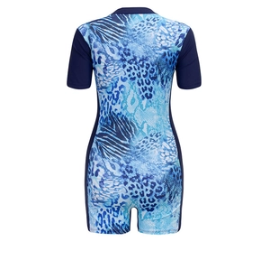 Rear view of short-sleeve one-piece swimsuit with blue leopard and zebra print patterns