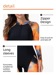 Close-up of long sleeve swimsuit with front zipper and vibrant abstract print patterns