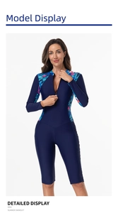 Close-up of long sleeve swimsuit with front zipper and tropical floral side panels