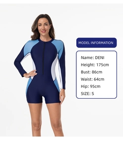 Detail view of long-sleeved surf swimsuit with zipper and model size measurements
