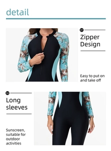 Detail view of the secure front zipper design on a floral long sleeve swimsuit
