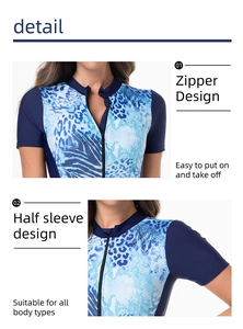 Detail of front zipper closure and blue animal print pattern on sporty rash guard