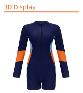 Detailed front view of long-sleeve swimsuit with zipper and blue-orange color block