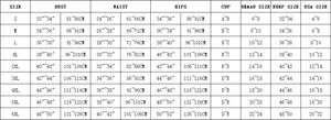 Detailed size chart for women's swimwear ranging from S to 6XL with US and EU conversions