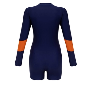Rear view of long sleeve surf swimsuit with dark blue and orange color block design