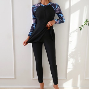 Women long sleeve modest swimwear with tropical leaf print and front zipper design