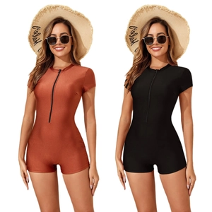Damen Einteiliger Badeanzug Kurzarm Reißverschluss Vorne Sportlich Metallic Surf Bademode Boyleg Bodycon Strandmode