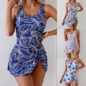 Women's Skirted One-Piece Swimsuit V-Neck Sleeveless Floral Paisley Print Padded Bathing Suit For Beach Pool Vacation