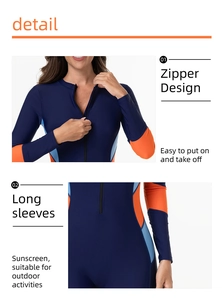 Detail of long sleeve swimsuit featuring front zipper design and colorblock stitching
