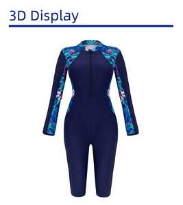 Close-up of tropical floral print and front zipper on long sleeve one-piece swimsuit