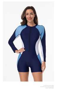Detailed close-up of a long-sleeved surf swimsuit featuring front zipper and color-block design