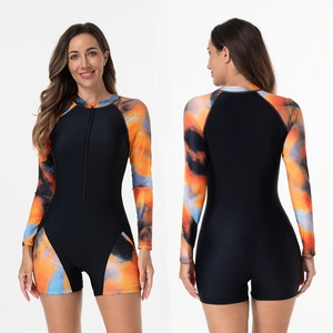 Women's Long Sleeve One-Piece Swimsuit Zipper Front Surfing Suit Abstract Print Tummy Control Sun Protection Swimwear