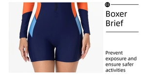 Detail view of long sleeve swimsuit featuring boxer brief cut for extra coverage