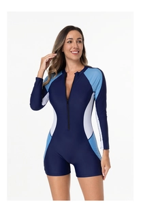 Detailed front zipper and color-block stitching on long sleeve one-piece surfing swimsuit