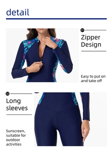 Detailed front zipper and tropical floral print on a long sleeve surfing swimsuit