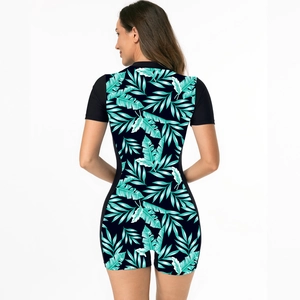 Rear view of short-sleeve athletic swimsuit with tropical leaf print and black panels