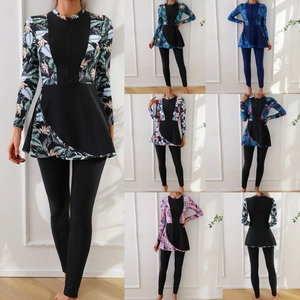 Maillot de Bain Modeste Femme Burkini Haut Et Pantalon Imprimé Floral Tropical Manches Longues Fermeture Éclair Surf Plongée