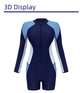 Detail of long sleeve swimsuit with color-block stitching and front zipper closure