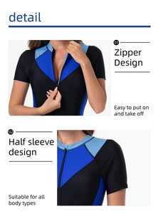 Detalle de cremallera frontal y manga media en el traje de baño de surf deportivo azul