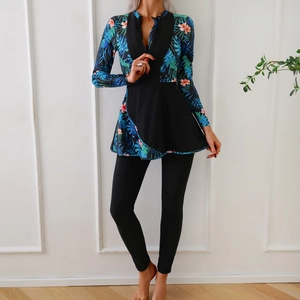 Maillot de bain de surf à manches longues pour femmes avec imprimé floral et leggings