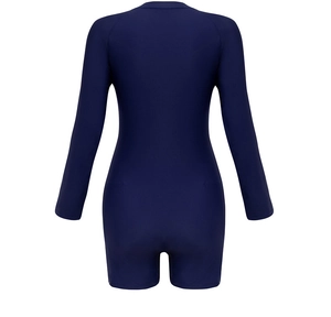 Rear view of sleek navy blue long sleeve one-piece swimsuit for surfing and diving