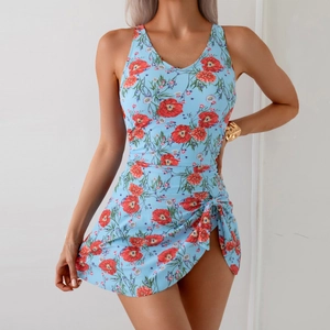 One-piece light blue floral swim dress with red poppy print and wrap skirt tie design