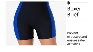Detalle de traje de surf para mujer con diseño de bóxer negro y paneles laterales azules