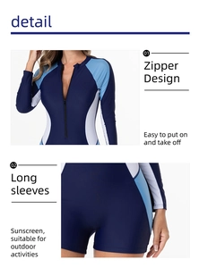 Detail of long sleeve surfboard swimsuit featuring front zipper and sun protection fabric