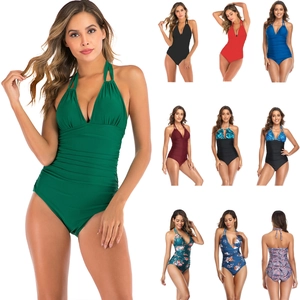 Women's Sexy Ruched One Piece Swimsuit Halter V Neck Tummy Control Bathing Suit Floral Printed Solid Monokini Beachwear
