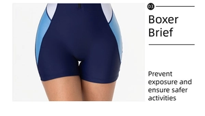 Detail of blue boxer brief swimwear with side panels for modesty and sporty activity