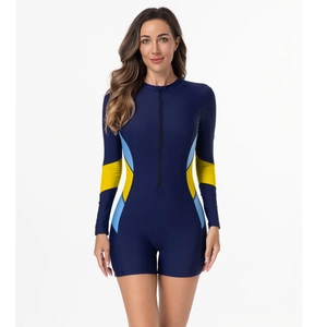 Detailed front zipper and side color-block panels on this long sleeve women's surf swimsuit