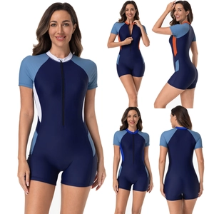 Women's Athletic Short Sleeve One Piece Swimsuit Front Zipper Color Block Surfing Suit Slim Fit Sun Protection Diving Swimwear