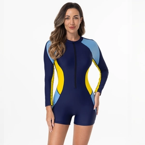 Navy and yellow long sleeve one-piece swimsuit with front zipper for surfing