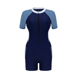Women's short sleeve surfing swimsuit with zipper in navy blue and sky blue color block