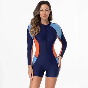 Detailed close-up of a long-sleeved one-piece swimsuit with front zipper and contrast panels