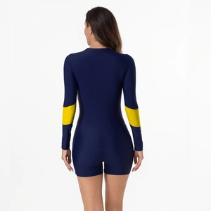 Rear view of long sleeve surfing swimsuit in navy blue with yellow elbow patches