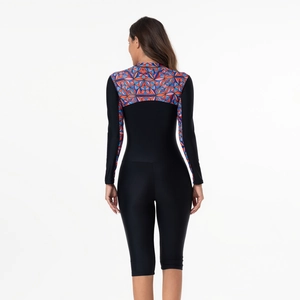Rear view of long sleeve surf swimsuit featuring vibrant geometric floral patterns