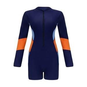One-piece long sleeve surfing swimsuit in navy blue with orange color blocking design