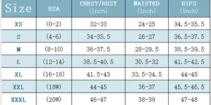 Detailed size chart for women's one-piece swimsuit with US sizes and body measurements