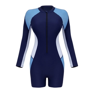 Long-sleeve one-piece swimsuit in navy blue with color-block stitching and front zipper